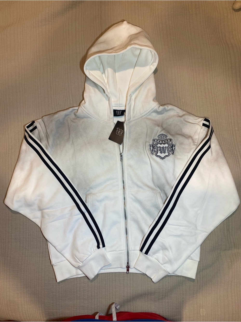 White Hooded Kids Zip Jacket with Navy Stripes